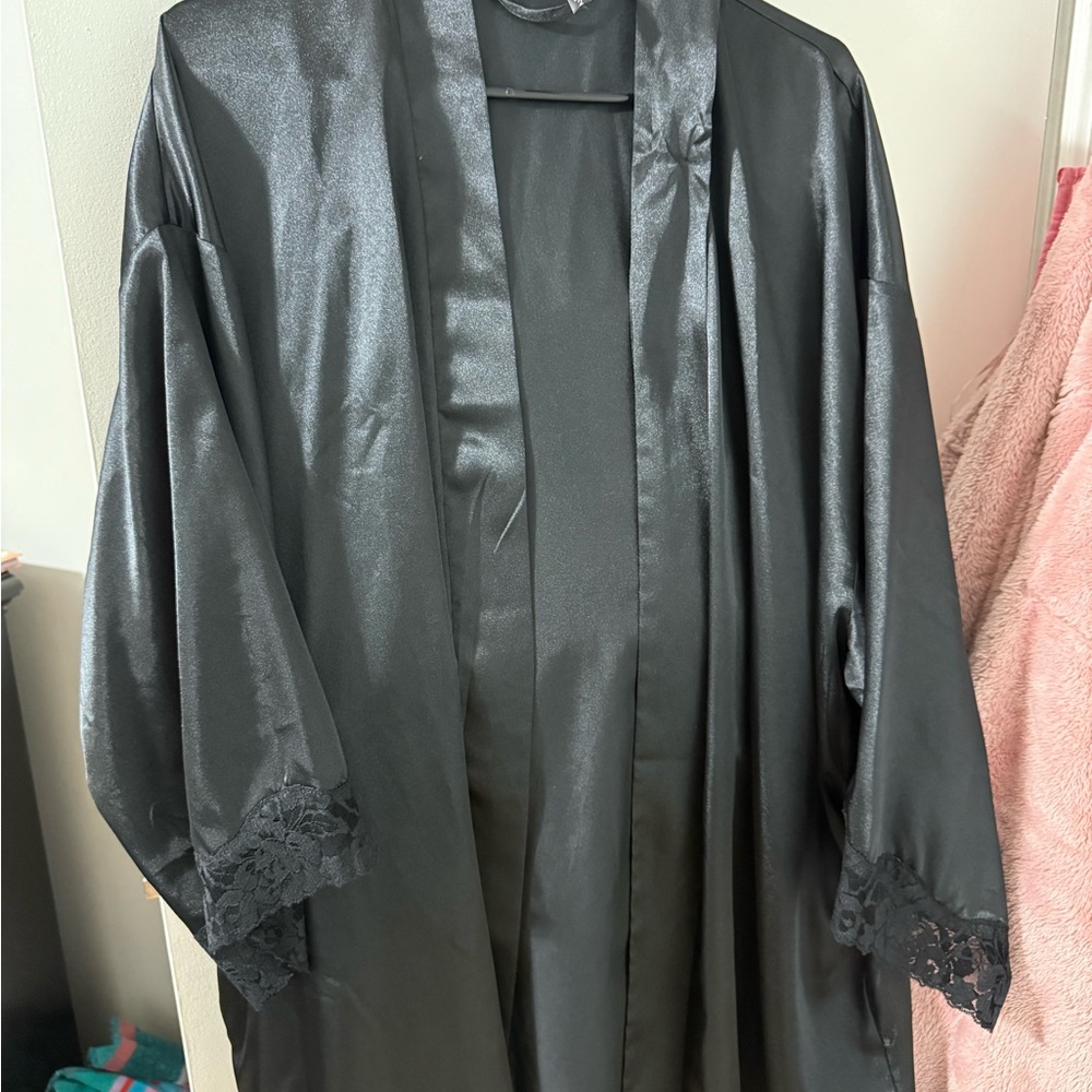 Torrid Black Satin Lace-Trim Robe -